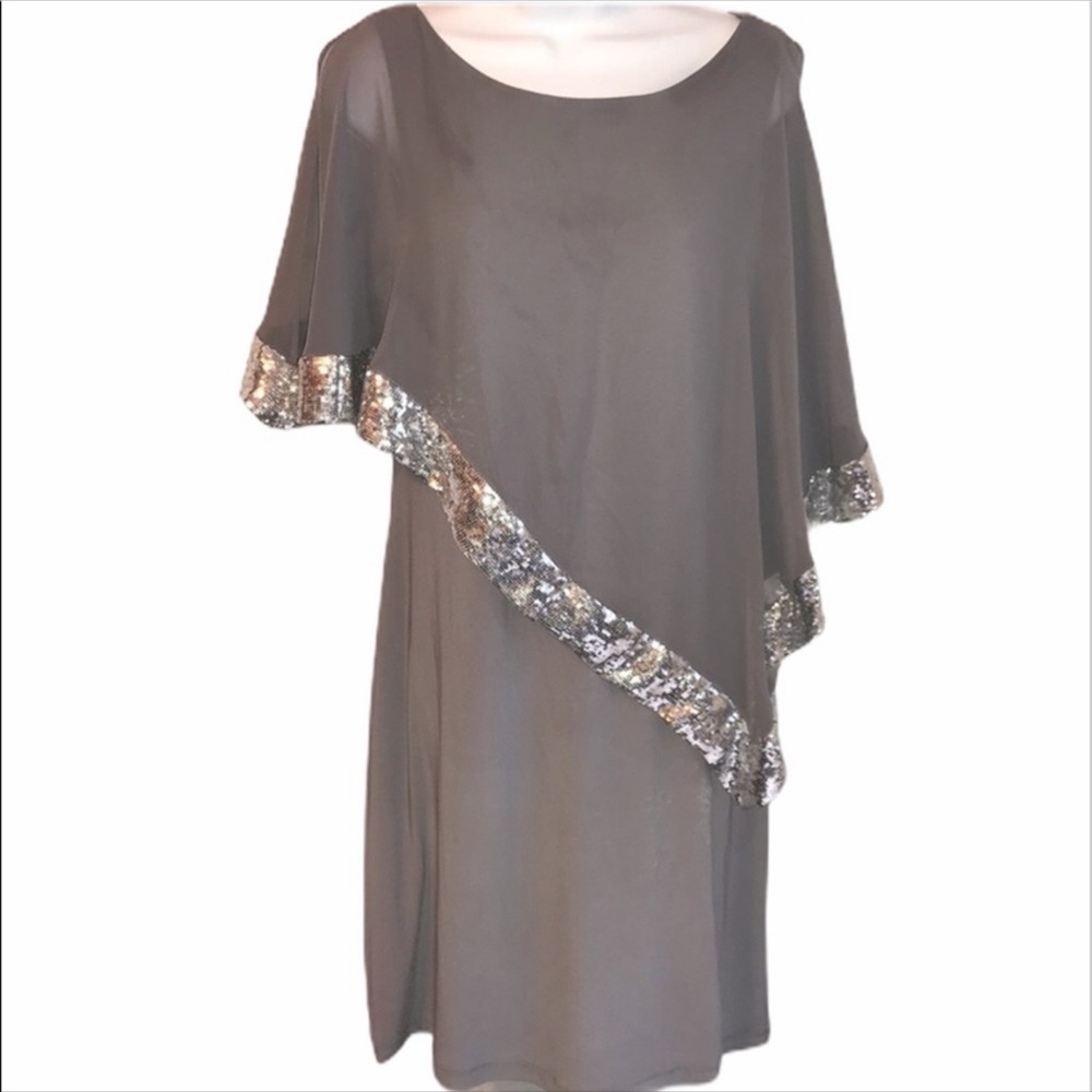 Scarlett Gray Sleeveless Dress Sequin Cape Overlay NWT